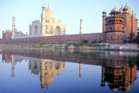 reflection of Taj mahal in yamuna river Seventh Wonder of The World ; Agra ; Uttar Pradesh ; India