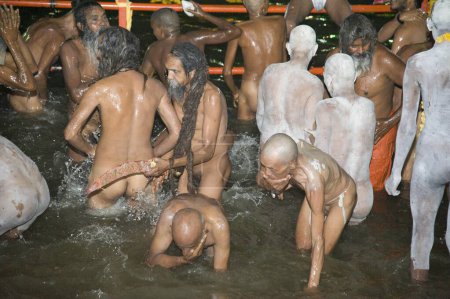 Téléchargez les photos : Naga sadhu prendre trempette sainte, kumbh mela, madhya pradesh, Inde, Asie - en image libre de droit