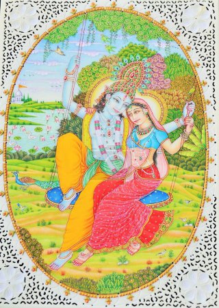 Photo for Radha Krishna on swing artwork painting - Royalty Free Image