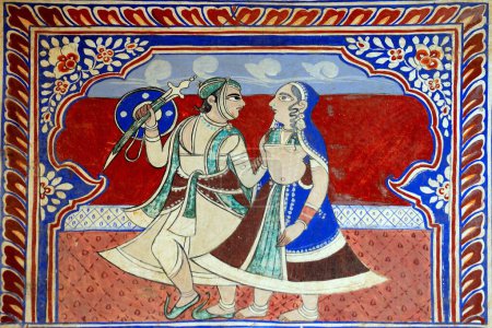 Téléchargez les photos : Peintures de la personne royale sur le mur de haveli, Fatehpur Shekhavati, Rajasthan, Inde - en image libre de droit