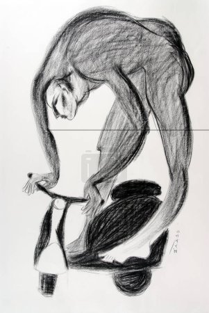 Photo for Man on scooter charcoal drawing on handmade paper - Royalty Free Image