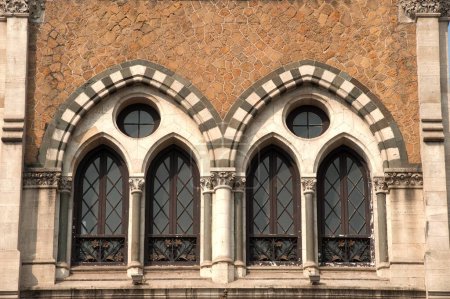 Close up of windows of david sassoon library at Kala Ghoda ; Fort ; Bombay Mumbai ; Maharashtra ; India 2010