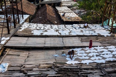 Photo for Men drying leather pieces on rooftop, Kolkata, West Bengal, India, Asia - Royalty Free Image