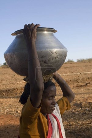 Foto de Mujer rural que lleva una olla de agua en la cabeza; Jharkhand; India - Imagen libre de derechos