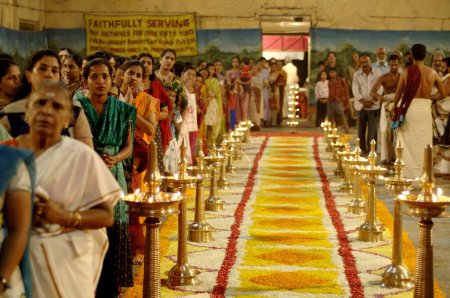 Photo for Flower decorations on floor at Ayyappa Pooja Celebrations, Kerala, India - Royalty Free Image