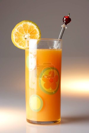 Téléchargez les photos : Boissons, jus d'orange avec une tranche d'orange et agitateur sur fond blanc - en image libre de droit