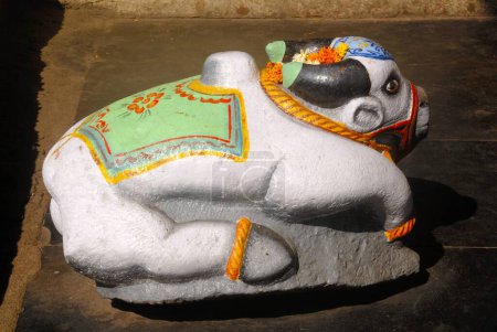 Photo for Stone carved and colourfully painted Nandi ; a bull ; vehicle of Lord Shiva at Bogadeshwar temple ; Malshej Ghat ; District Thane ; Maharashtra ; India - Royalty Free Image