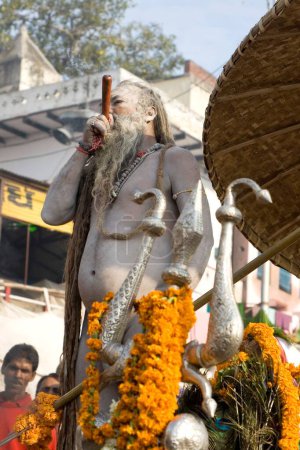Hindu saint naga baba Shivdasgiri with trishul smoking tobacco ; Varanasi on Ganga river ; Uttar Pradesh ; India MR707A