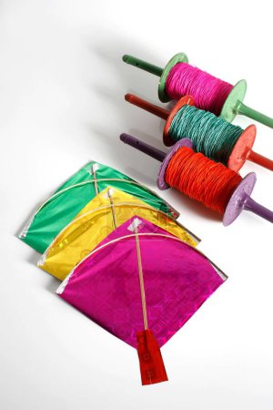 Colourful kites and thread manja firki on makar sankranti festival