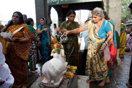 Téléchargez les photos : Femme offrant de l'eau sur la statue nandi, Nasik, maharashtra, Inde, Asie - en image libre de droit