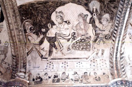 Photo for Wall painting mural ram and sita with hanuman at Lakshminarayan temple , Orchha , Tikamgarh , Madhya Pradesh , India - Royalty Free Image