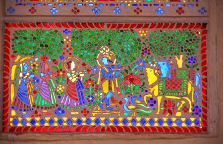Photo for Krishna milkmaids and cows colourful artwork in Sheesh mahal , Amer fort , Jaipur , Rajasthan , India - Royalty Free Image