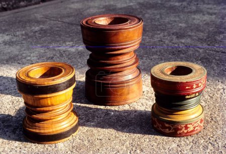 Téléchargez les photos : Mortier traditionnel en bois de Nattukottai chettiar ou nagarathar, Chettinad, Tamil Nadu, Inde - en image libre de droit