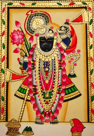 Photo for Shri Lord Shree Nathji or Shreenathji at Nathdwara Miniature Painting on Paper with Gold Embossing - Royalty Free Image