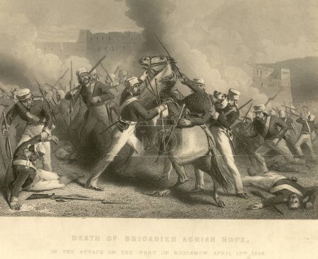 Foto de Motín militar y de inmunidad Ver Muerte del Brigadier Adrian Hope en el ataque al fuerte de Roodamow, 15 de abril de 1858, India - Imagen libre de derechos