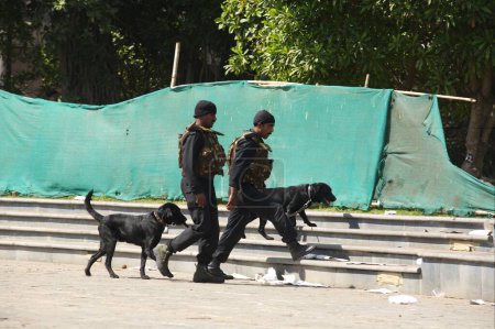 Téléchargez les photos : Gardiens de la sécurité nationale commandos NSG avec des chiens à l'extérieur de l'hôtel Taj Mahal lors d'une attaque terroriste par Deccan Moujahideen, Bombay Mumbai, Maharashtra, Inde - en image libre de droit