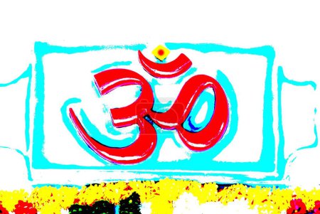 Foto de OM en color rojo; creación cósmica; palabra sagrada de religión hindú en la entrada del templo Shri Dasabhuj Lakshmi Ganesh en Hedvi; región de Konkan; Taluka Guhagar; distrito Ratnagiri; Maharashtra; India - Imagen libre de derechos