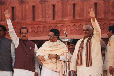Photo for South Asian Indian politician Mr. Manohar Joshi and former Prime Minister BJP leader Vajpayee with Shiv Sena supreme Shri Balasaheb Thackarey, India - Royalty Free Image