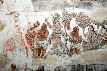Foto de Murales que representan Ramayana y Mahabharat en el techo en el templo de Chennakeshavaraya, Adiyamankottai cerca de Dharmapuri, Tamil Nadu, India - Imagen libre de derechos