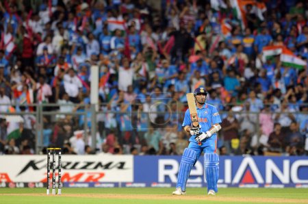 Photo for Indian batsman Sachin Tendulkar during the 2011 ICC World Cup Final between India and Sri Lanka at Wankhede Stadium on April 2 2011 in Mumbai India - Royalty Free Image