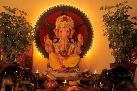 Ganesh ganpati Festival ; idol of lord  ganesh elephant headed god ; mumbai bombay ; maharashtra ; india