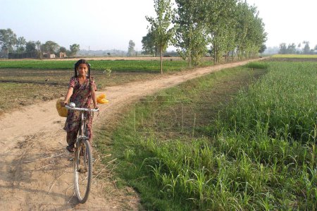 Téléchargez les photos : Vélos Cycles ; Après avoir récupéré des céréales pour sa maison ; une petite fille rentrant à la maison à vélo en passant par les champs à Doulo Nangal ; un village dans le district d'Amritsar ; Punjab ; Inde - en image libre de droit