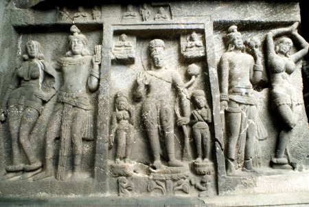 Photo for Statue carved on wall of Buddhist Karla caves finest examples of ancient rock cut caves built in 3rd 2nd century BC by Buddhist monk ; Karla ; Maharashtra ; India - Royalty Free Image