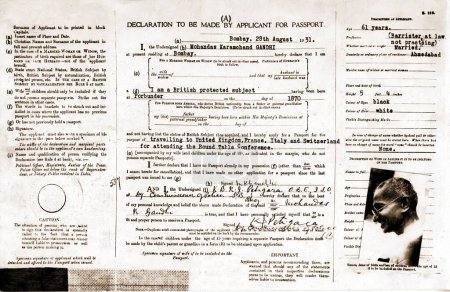 Foto de Formulario de solicitud de pasaporte Mahatma Gandhi para su viaje a Europa, India, Asia, 1931 - Imagen libre de derechos