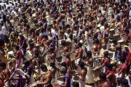 Téléchargez les photos : Trichurpooram pooram, Elephants March procession of bejeweled temple Festival, jendai drums musiciens, thrissur trichur, Kerala, Inde - en image libre de droit