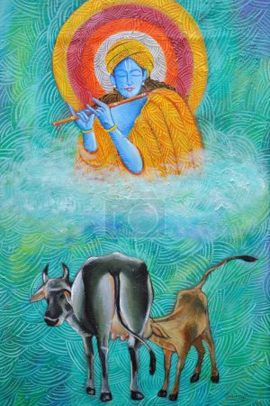 Photo for Lord Krishna playing flute with cow calf artwork painting - Royalty Free Image