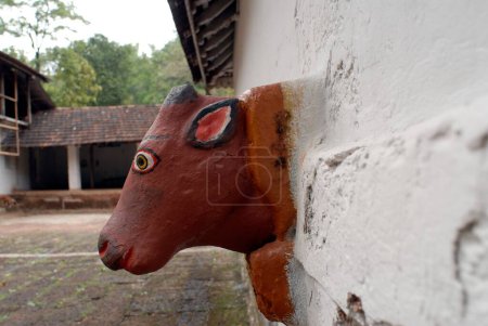 Painted cow head at the temple of shree Devi Bhagvati ; Sansthan ; Village Kotkamte ; district Sindhudurga ; Maharashtra ; India