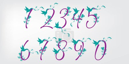 Numbers, letters of the alphabet. Font design for logos, posters, invitations, etc. vector illustrator.purple blue flowers birds.87
