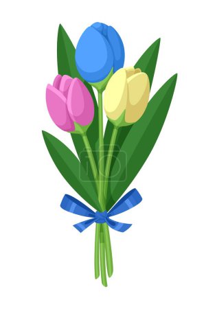 Vektor Bouquet von Tulpen. Ein kleiner niedlicher Frühlingsstrauß aus drei Tulpen - blau, gelb und rosa. Weihnachtsgeschenk für ein Mädchen. Vektor-Illustration isoliert auf weißem Hintergrund. Aktienvektor.