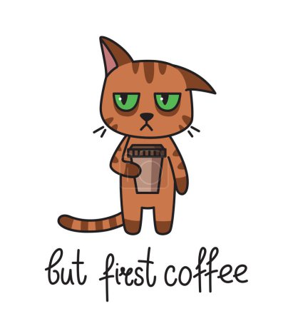 Lustiges T-Shirt mit Druck. Schläfrige Katze mit einer Tasse Kaffee. Zunächst aber handgezeichnete Schriftzüge. Vereinzelt auf weißem Hintergrund. Illustration eines Aktienvektors
