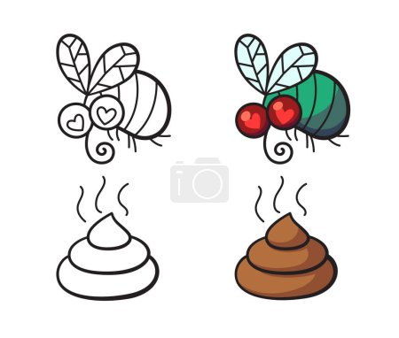 Poop and fly. Comic illustration for coloring book page, print. Black and white sketch with humour. Isolated on white background. Stock vector illustration