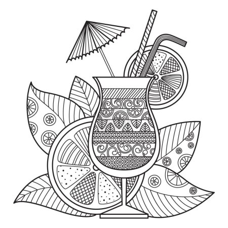 Téléchargez les illustrations : Cocktail page de livre de coloriage doodle. Boisson fraîche d'été dans le style zentangle. Illustration noir et blanc. Illustration vectorielle de stock - en licence libre de droit