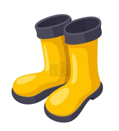 Botas de goma amarillas con suelas negras y puños aislados sobre fondo blanco. Ilustración vectorial.
