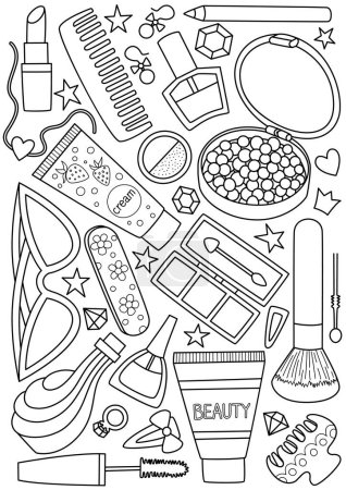 Illustration for Cosmetics and make-up supplies doodle coloring book page. Black and white vector zentangle illustration. Antistress for adults and children. - Royalty Free Image