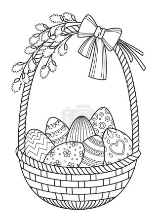 Easter egg basket doodle coloring book page. Black and white vector zentangle illustration. Antistress for adults and children.