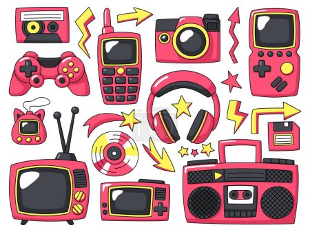 Los elementos Y2k establecen tecnología retro. Colección de brillantes dibujos animados 90s gadgets tv, radio, teléfono móvil, consol juego y otra tecnología. Vectores sobre fondo blanco.