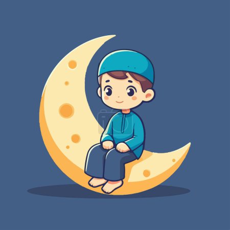 cute muslim boy sitting on the moon cartoon vector illustration
