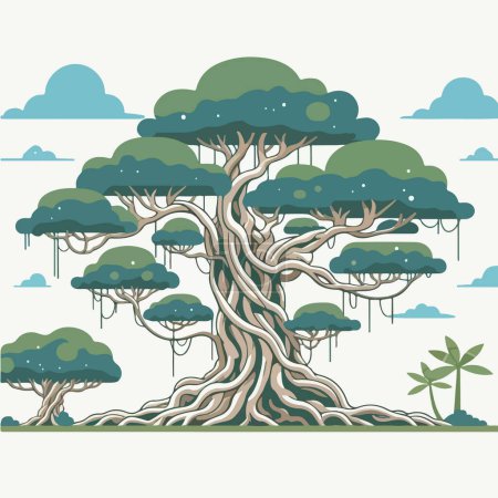 Téléchargez les illustrations : Plan design beau vieux banyan arbre vecteur illustration - en licence libre de droit