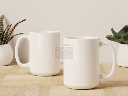 Foto de Dos tazas de cerámica de 15 oz con plantas suculentas sentadas en un piso de mesa de madera - Imagen libre de derechos