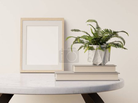 Small portrait wooden frame with books, fern plant and table as lifestyle photo
