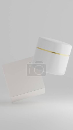 Weiß glänzende Cremedose und Box-Attrappe mit Leerraum für das Logo auf weißem Hintergrund