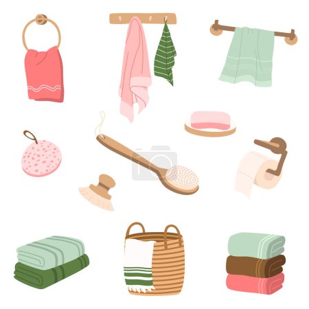 Bathroom elements. A set of towels on a hanger, in a laundry basket, folded in a pile. Personal care accessories with washcloth, body brush, massage brush, soap and toilet paper. Vector illustration