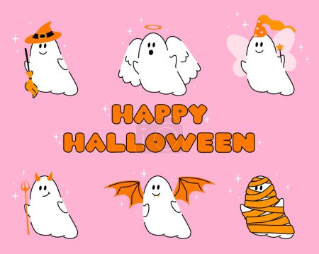Illustration for Halloween set of cute ghosts. Happy Halloween. Little spirits in costumes witch, angel, fairy, devil, vampire (bat) and mummy cartoon characters. For print, postcard, poster, t-shirt - Royalty Free Image