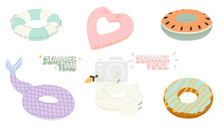 Set of rubber floats for pool and beach. Summer inflatable swim rings swan,heart, doughnut, mermaid's tail,watermelon. Flat vector illustration isolated on white background