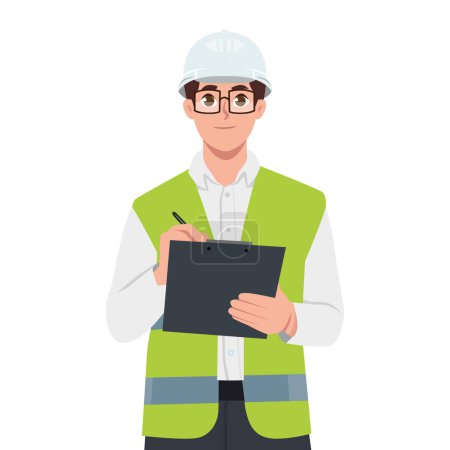Young foreman in safety jacket taking notes on clipboard. Flat vector illustration isolated on white background