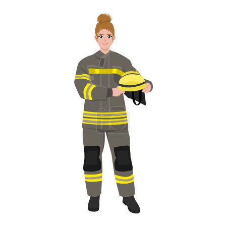 Illustration for Woman firefighter in uniform portrait. Happy firewoman helmet in hands. Flat vector illustration isolated on white background - Royalty Free Image